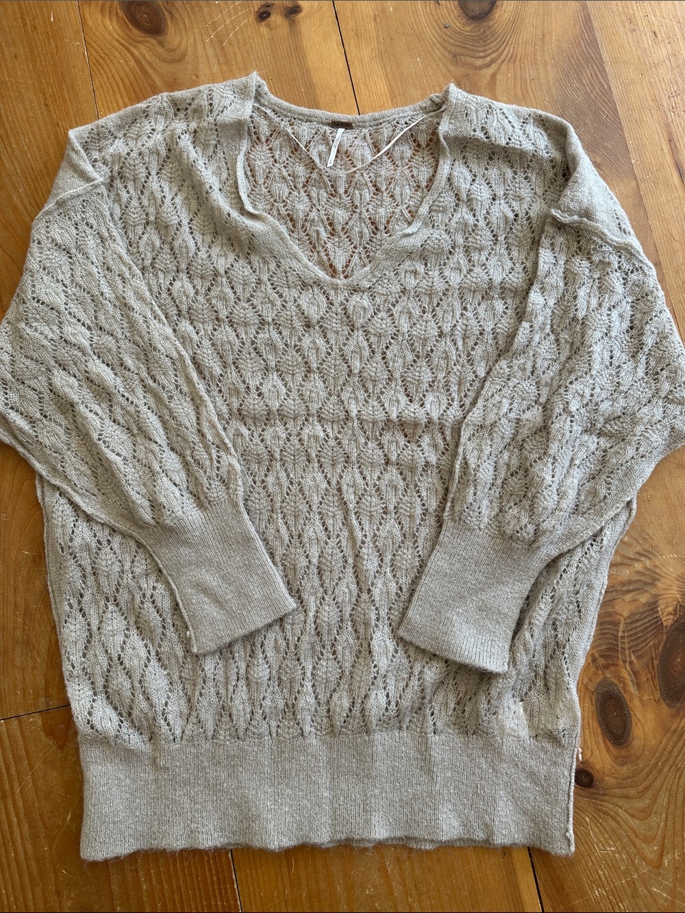 Free People Open Knit V-Neck Sweater in Taupe